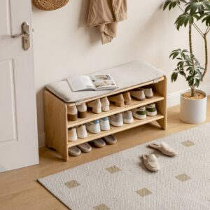 源氏木語輕鬆實木布面穿鞋椅0.88M Y00T57 米白