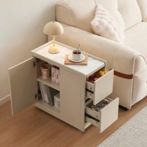 林氏木業奶油風雙抽儲物岩板移動邊几 NU9J