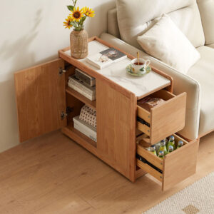 林氏木業北歐原木風角落雙抽屜可移動岩板邊几 OU2J