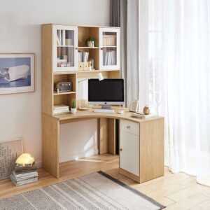 林氏木業北歐簡約附書架轉角書桌 JV3V-原木+白色 林氏木業北歐簡約附書架轉角書桌 JV3V-原木+白色
